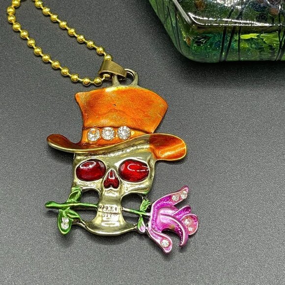 Grinning Skull with Rose and Top Hat Skelton Necklace / Pendant #866 (orange) - Picture 9 of 9